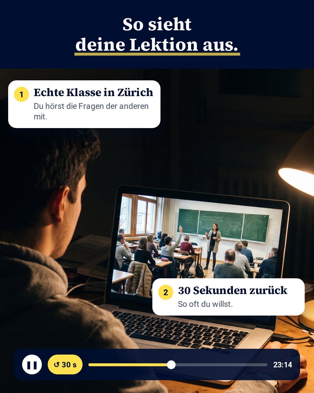 Blick über die Schulter auf einen Laptop mit der Aufnahme einer echten Klasse in Zürich, mit Knopf für 30 Sekunden zurück.