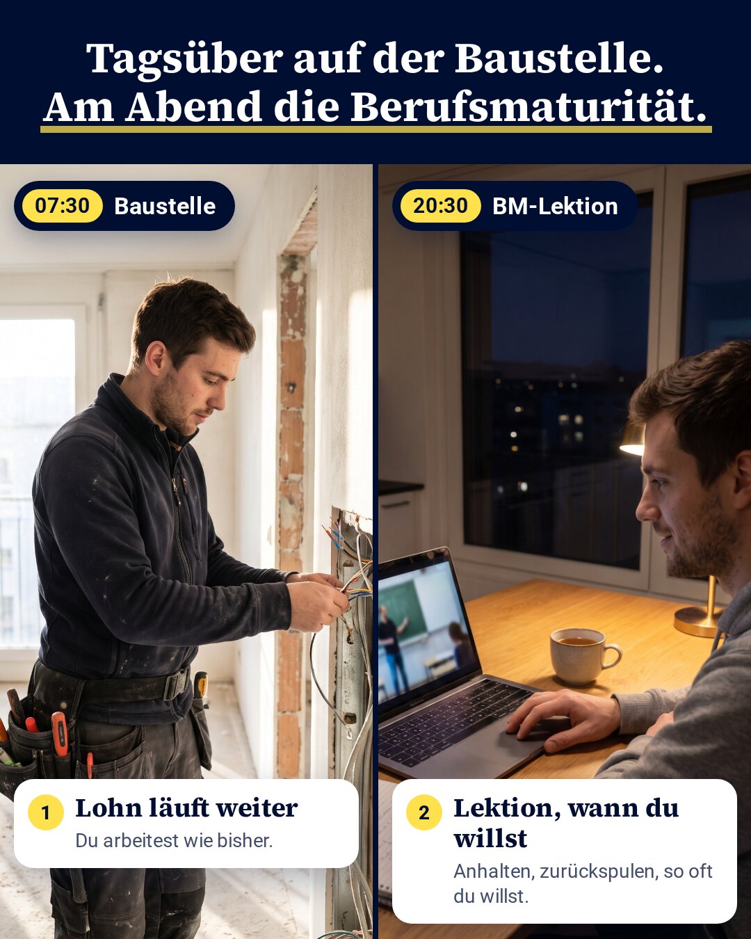Links arbeitet ein junger Elektriker tagsüber auf der Baustelle, rechts schaut er am Abend am Küchentisch eine aufgezeichnete Lektion. Beschriftet: Lohn läuft weiter, Lektion wann du willst.